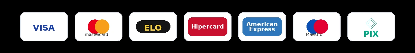 Bandeiras de cartões aceitos: Visa, Mastercard, Elo, Hipercard, American Express, Maestro e Pix